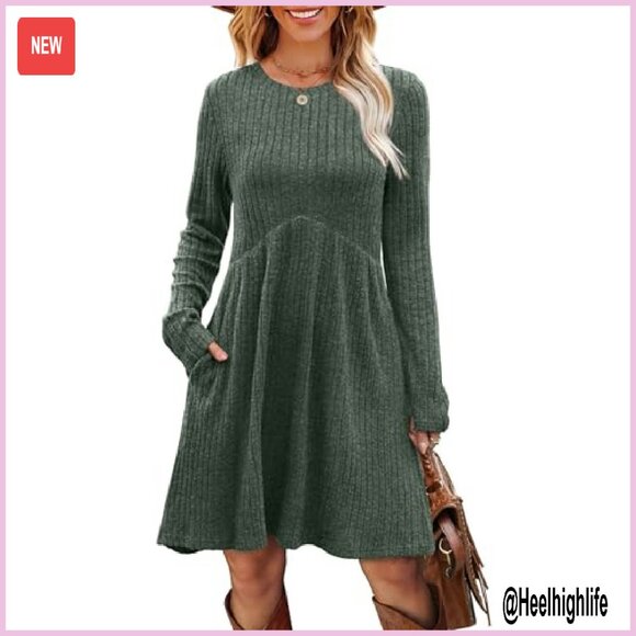 Long Sleeve Empire Waist Tunic Dress with Pockets, Casual Fall Winter - Picture 4 of 8